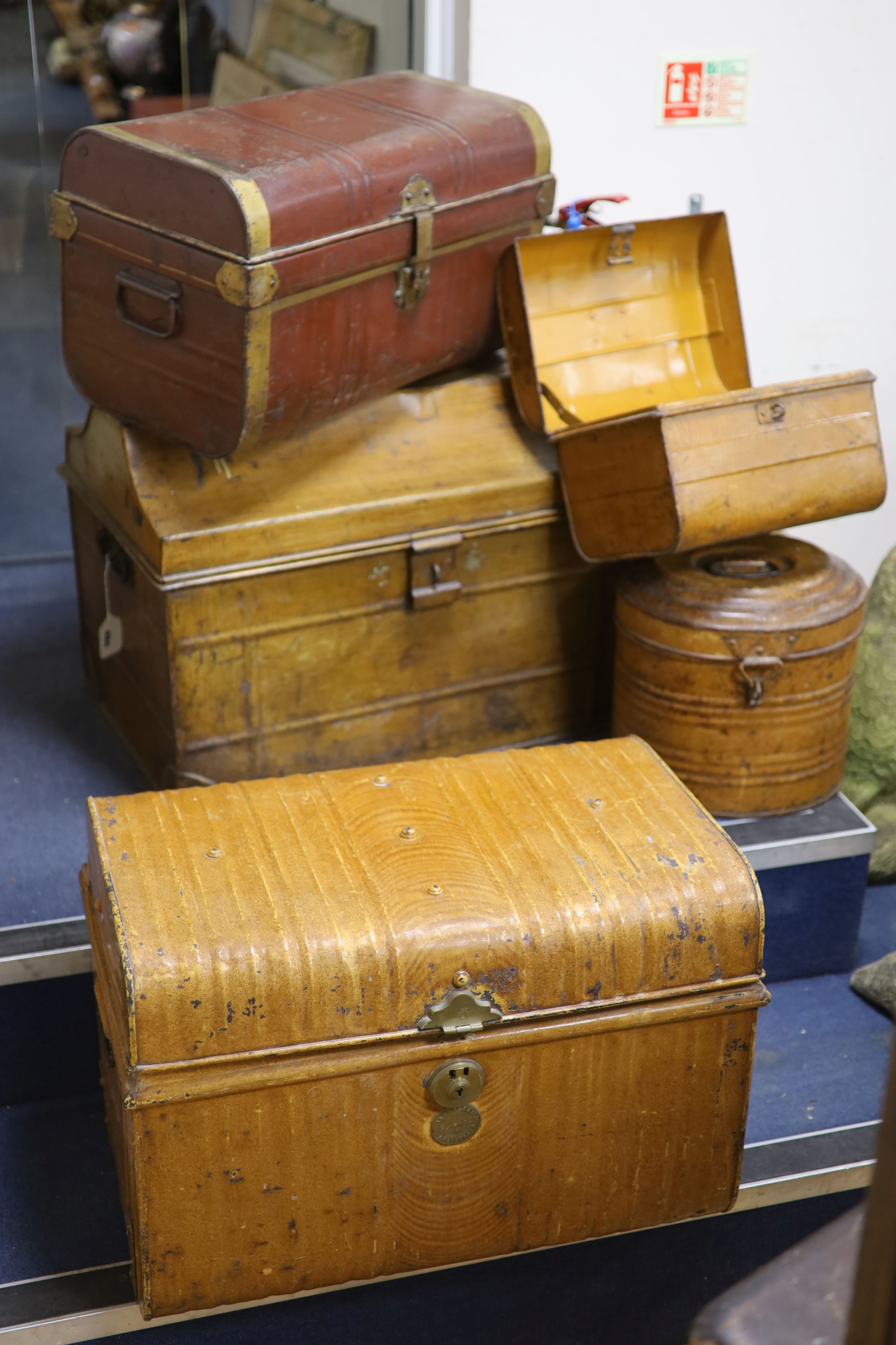 Five Victorian painted tin trunks/hat boxes